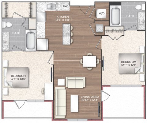 Floor plan for 2 beds, 2 baths, 986 sqft